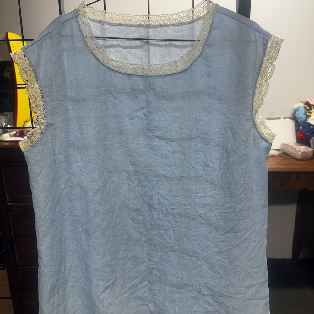 Light Blue Sleeveless Top with Lace Trim